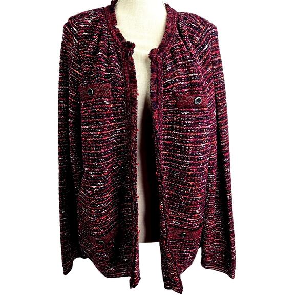 J.Jill NWT Large Tweed Cardigan Sweater Multicolor Cranberry Fringe Boho #778 - Picture 2 of 8